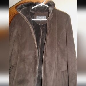 Liz Claiborne Women's Brown Faux-Suede Coat with Fur Trim